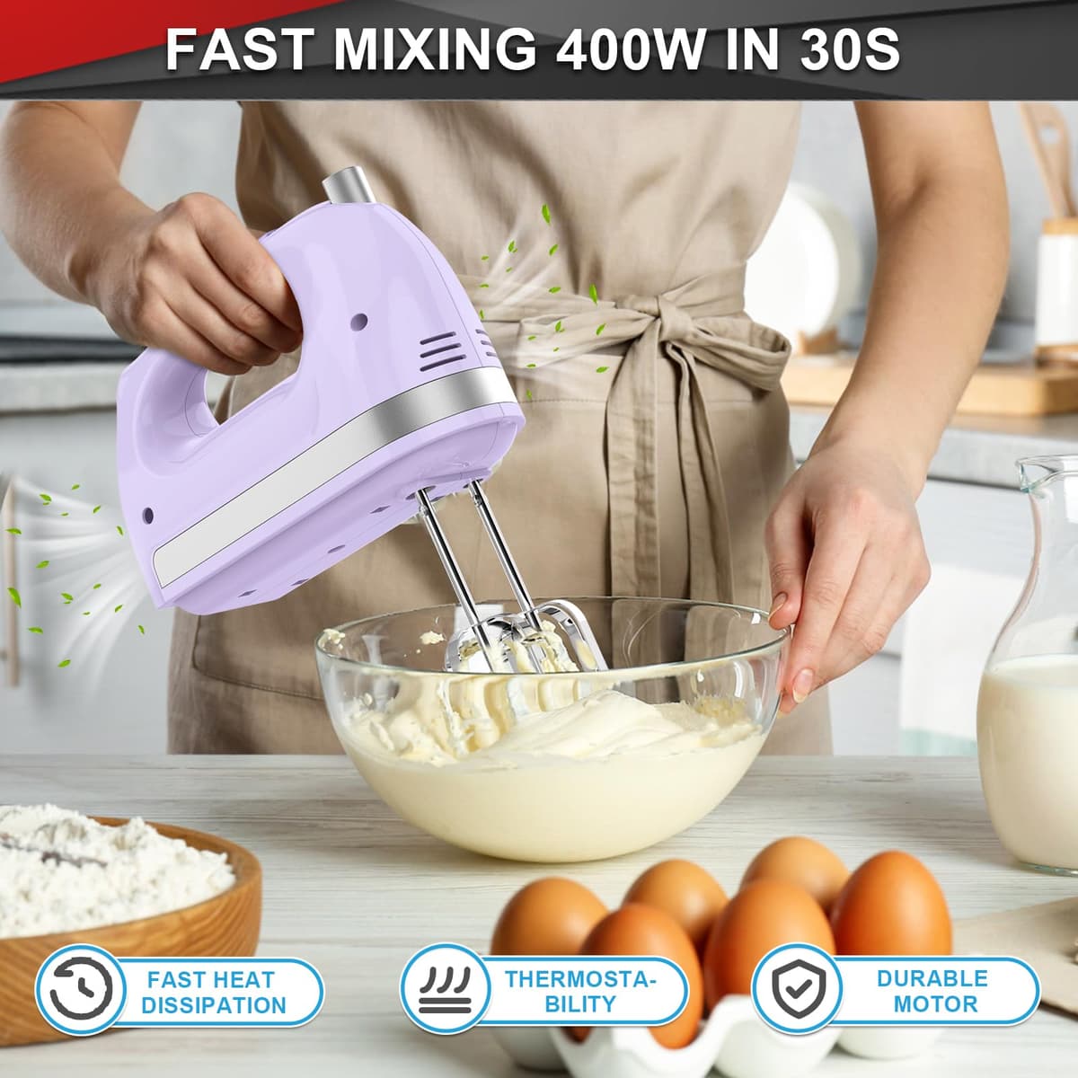 Lord Eagle Hand Mixer Electric Whisk, 400W Power Handheld Mixer for Baking Cake Egg Cream Food Beater, Turbo Boost/Self-Control Speed + 5 Speed + Eject Button + 5 Accessories, Purple — view 4