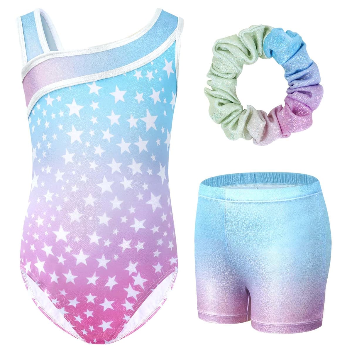 Gogokids Conjunto de gimnasia de tres piezas para niña, cuello en Y, sin mangas, con pantalones cortos y diadema, traje de gimnasia con diseño de bloques de color azul y morado, 3-12 años — view 17
