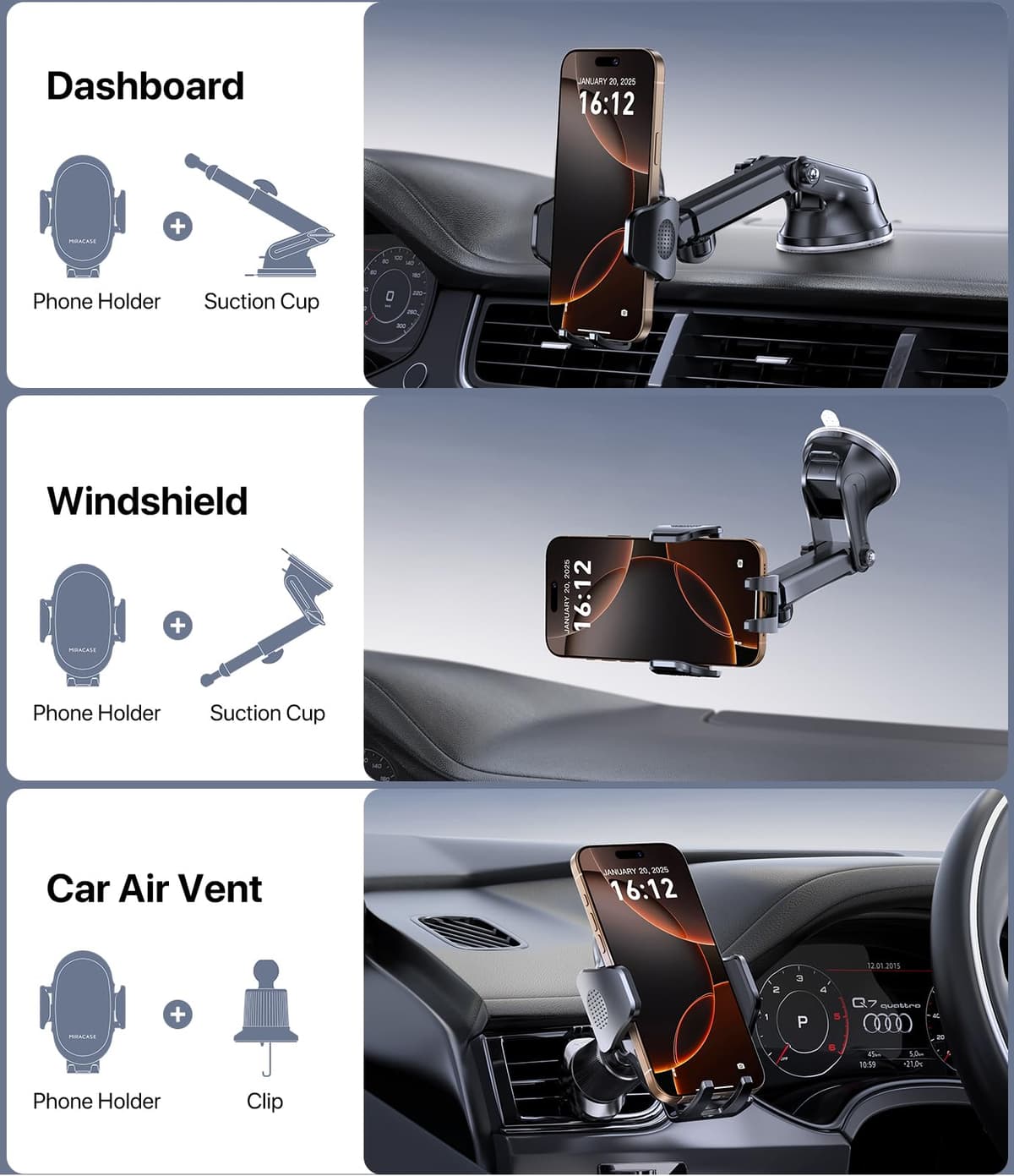 Miracase Car Phone Holder for Cars Air Vent Dashboard Windscreen Desk, 4in 1 Mobile Phone Mount Automobile Cradle 360° Rotatable Stand Vehicle Mount for iPhone 17 16 15 Pro Plus Max 14 13 12 11Samsung — view 7