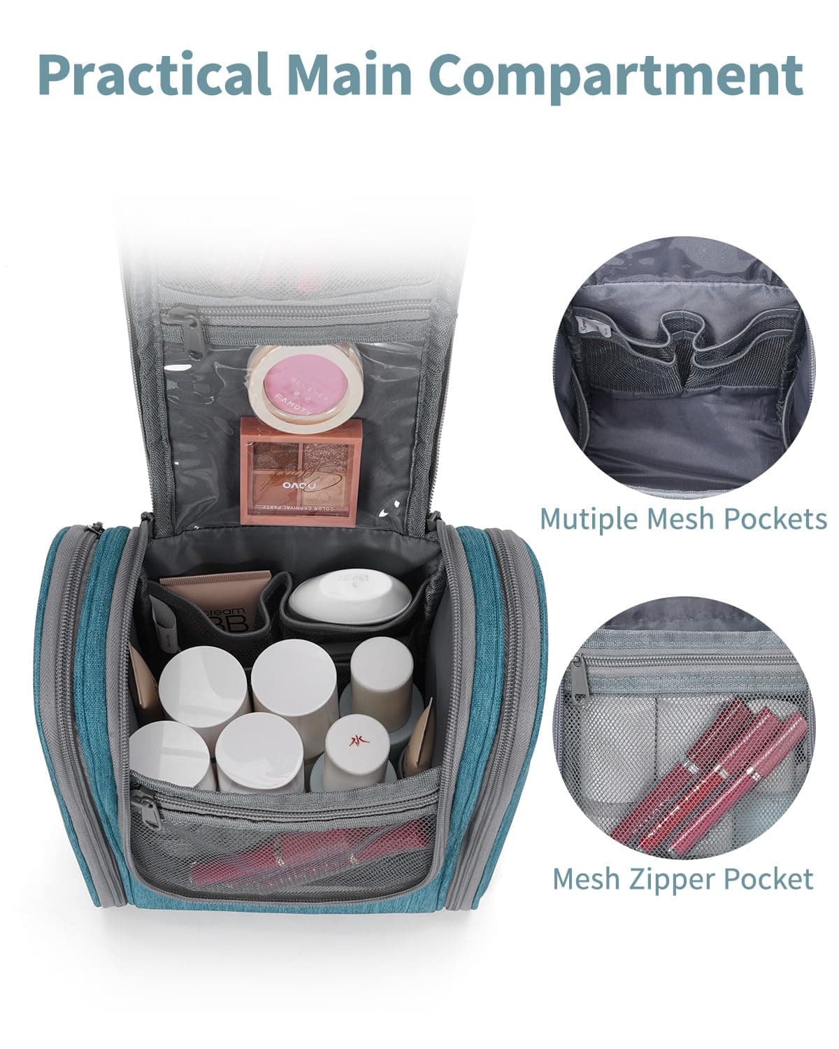 Narwey Neceser Mujer Bolsa de Aseo Colgante, Organizador de Maquillaje Neceser Viaje para Hombre y Mujer Accesorios de Viaje (Verde Azulado(Pequeño)) — view 4