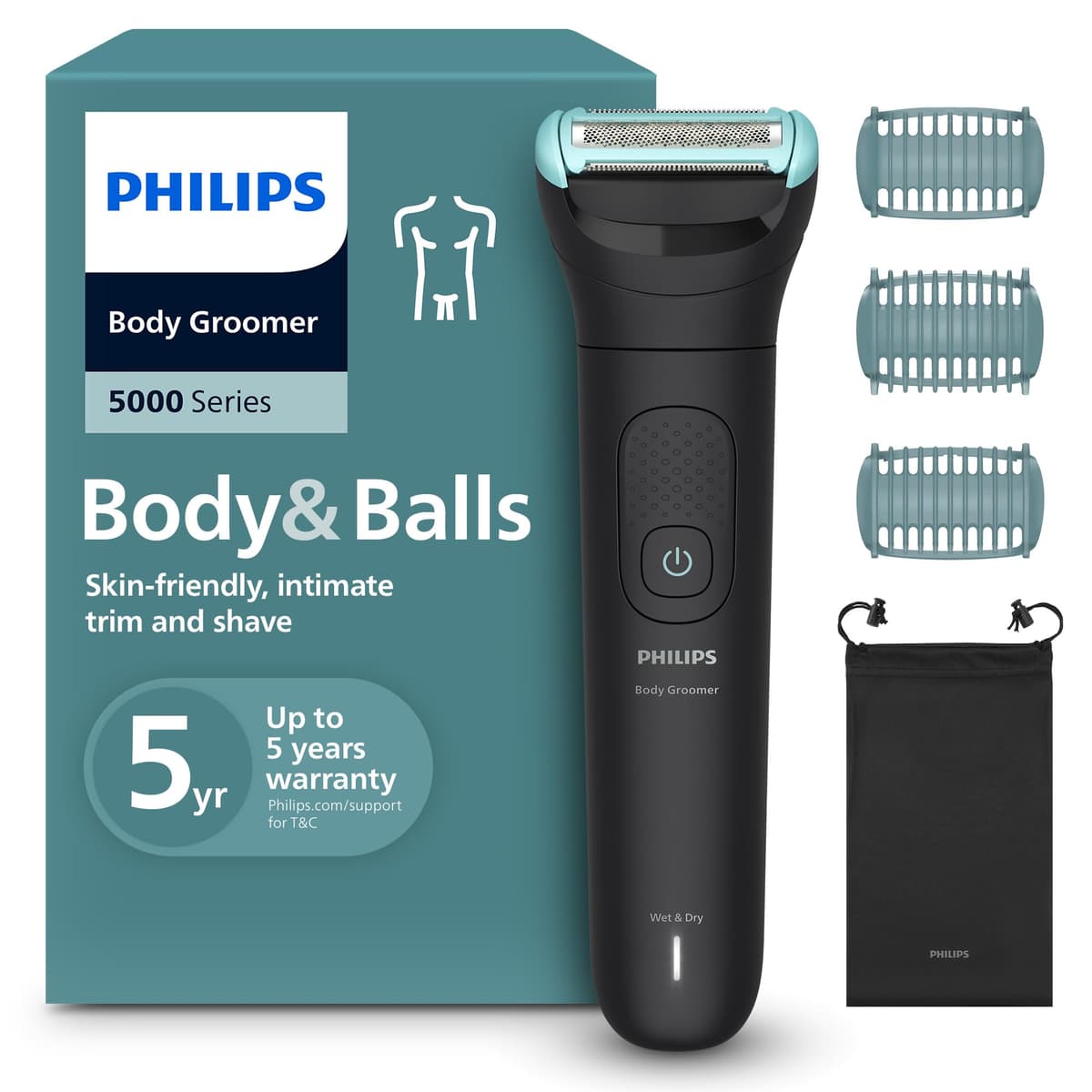 Philips Afeitadora Corporal Series 5000 - Recortador para Hombre con Sistema Triple Protect, Afeita y Recorta la Zona Íntima, Apta para la Ducha, 100 min. de autonomía. Modelo BG5470/15