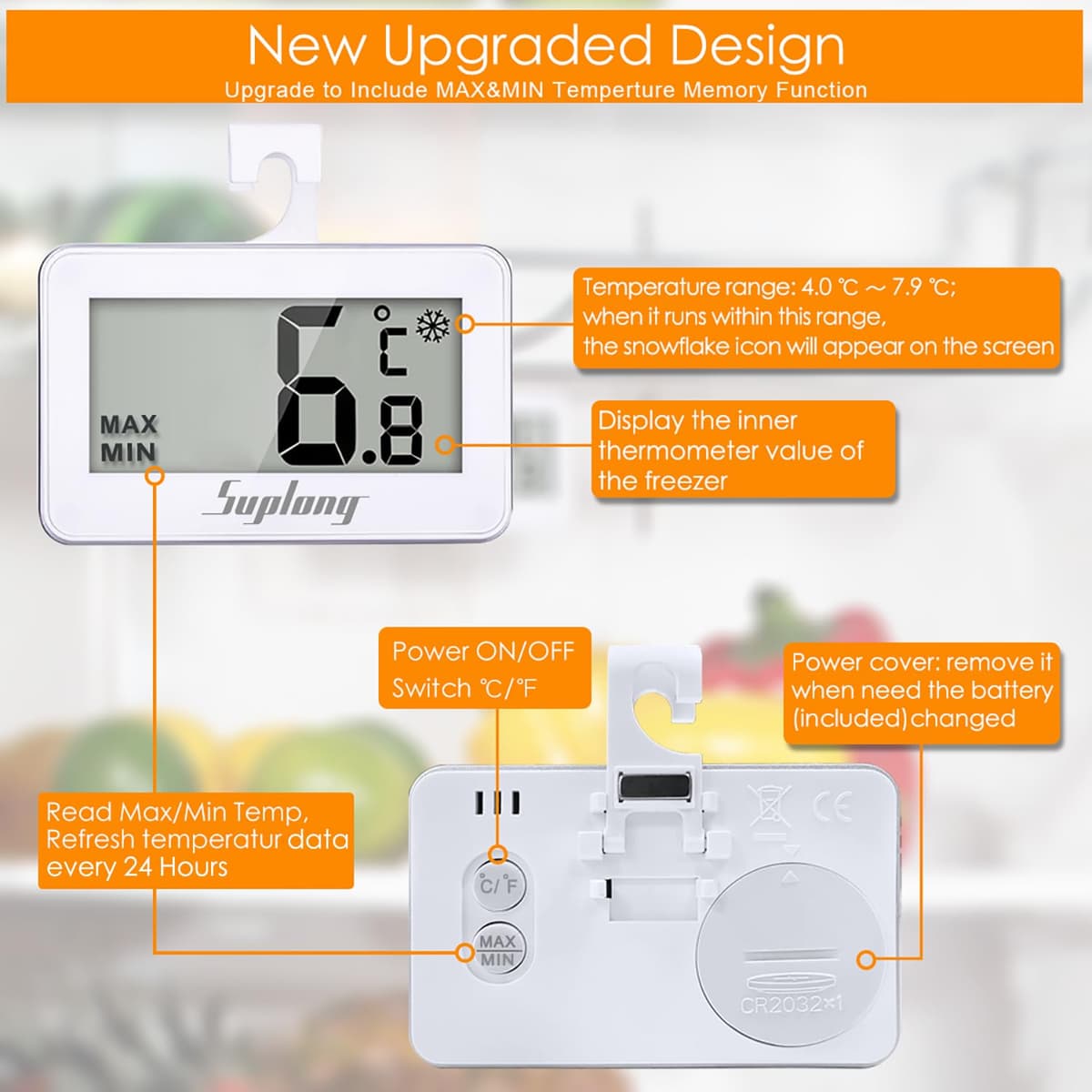 Fridge Thermometer Digital Refrigerator Thermometer, Suplong 2 Sets Digital Waterproof Fridge Freezer Thermometer With Easy to Read LCD Display (White-2) — view 5