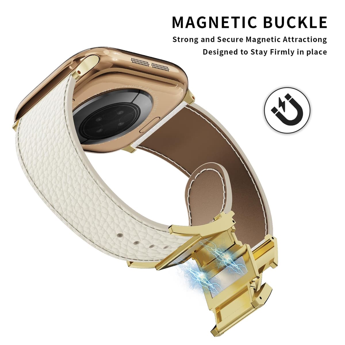 Leather Watch Band with Magnetic Buckle,Dressy Apple Watch Ultra Leather Band Rugged Durable Replacement Strap for Men & Women — view 3