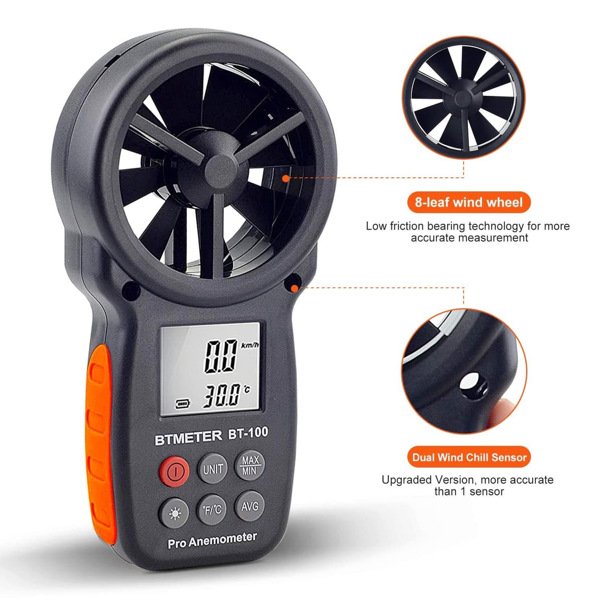 Digital Anemometer Handheld - BTMETER BT-100 Wind Speed Meter Gauge, Accurately Measure Wind Velocity Temperature Speed for CFM with MAX/MIN/AVG, Backlight LCD, HVAC — view 5