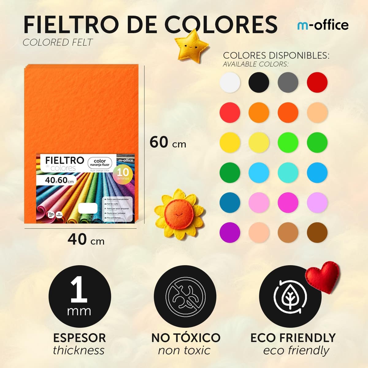 m-office Fieltro para Manualidades, Fieltro de Colores, Suave y Flexible, Material para Costura, Telas Patchwork, Ideal para proyectos DIY, artesanía o decoración, 40x60cm (surtidos, 10 uds) — view 2