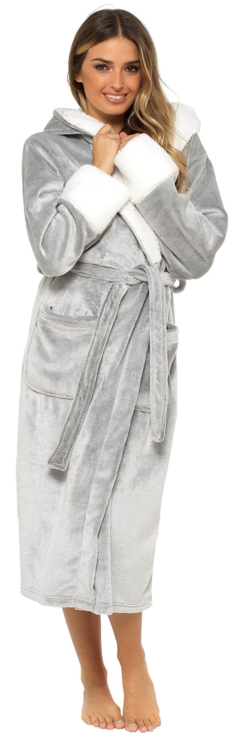 KATE MORGAN Ladies Dressing Gown Fluffy Super Soft Hooded Bathrobe for Women Plush Fleece Perfect Loungewear Long Robe | Gifts for Women — view 5