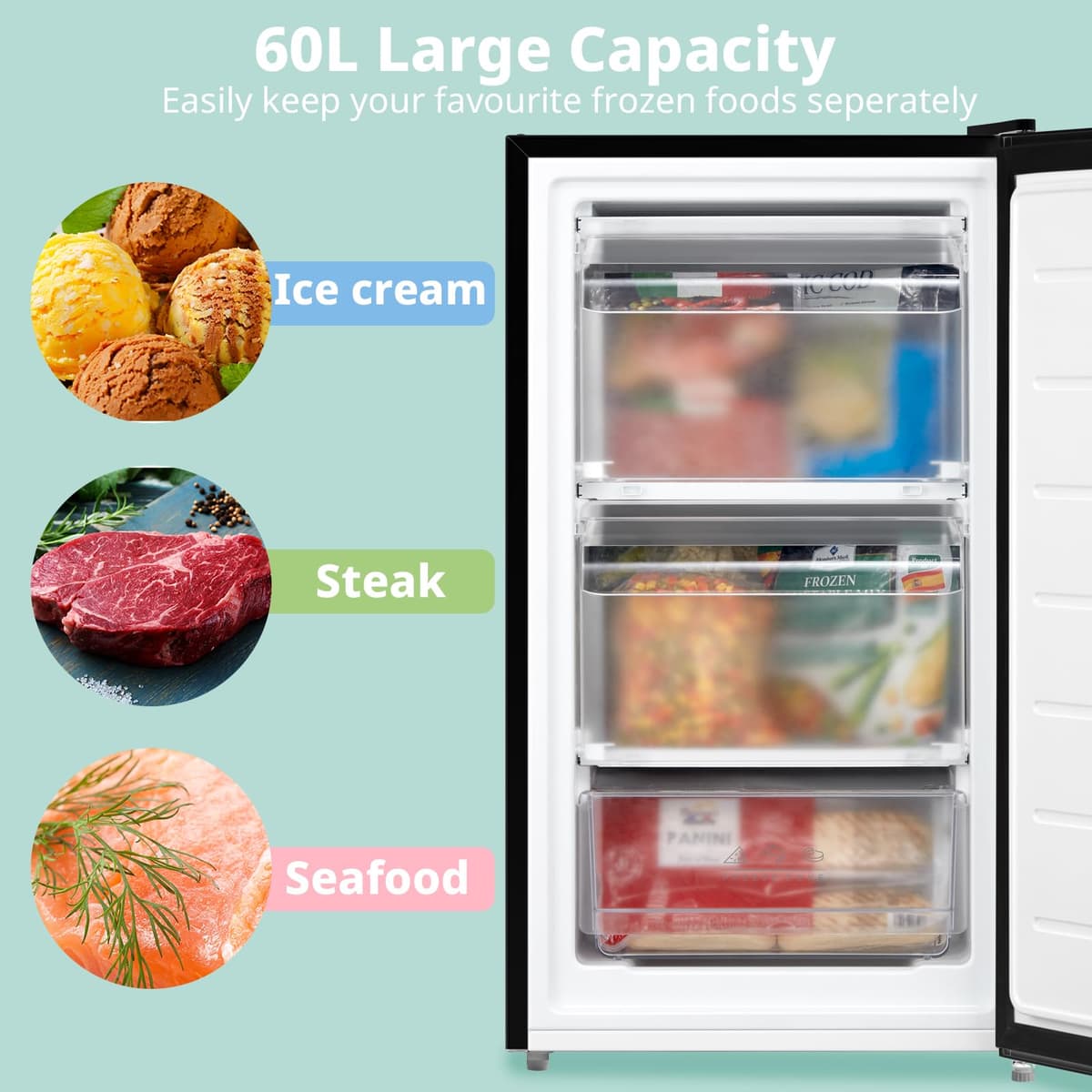 COMFEE' RCU60BL2UK(E) 60 Litre Freestanding Under Counter, 48cm Upright Freezer Adjustable Thermostat, Reversible Door, 4 Star Freezer Rating Drawer, Black — view 5