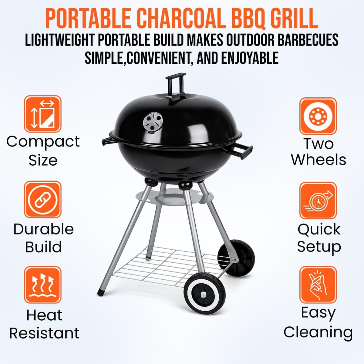 BBQ Grill Patio Portable Charcoal BBQ Kettle with Cover & Cooking Utensils Tools, heels Stand Garden Camping Caravan Outdoor Barbecue Ball Rounded Bbq on wheels Black 43.5 cm Stainless Steel — view 4