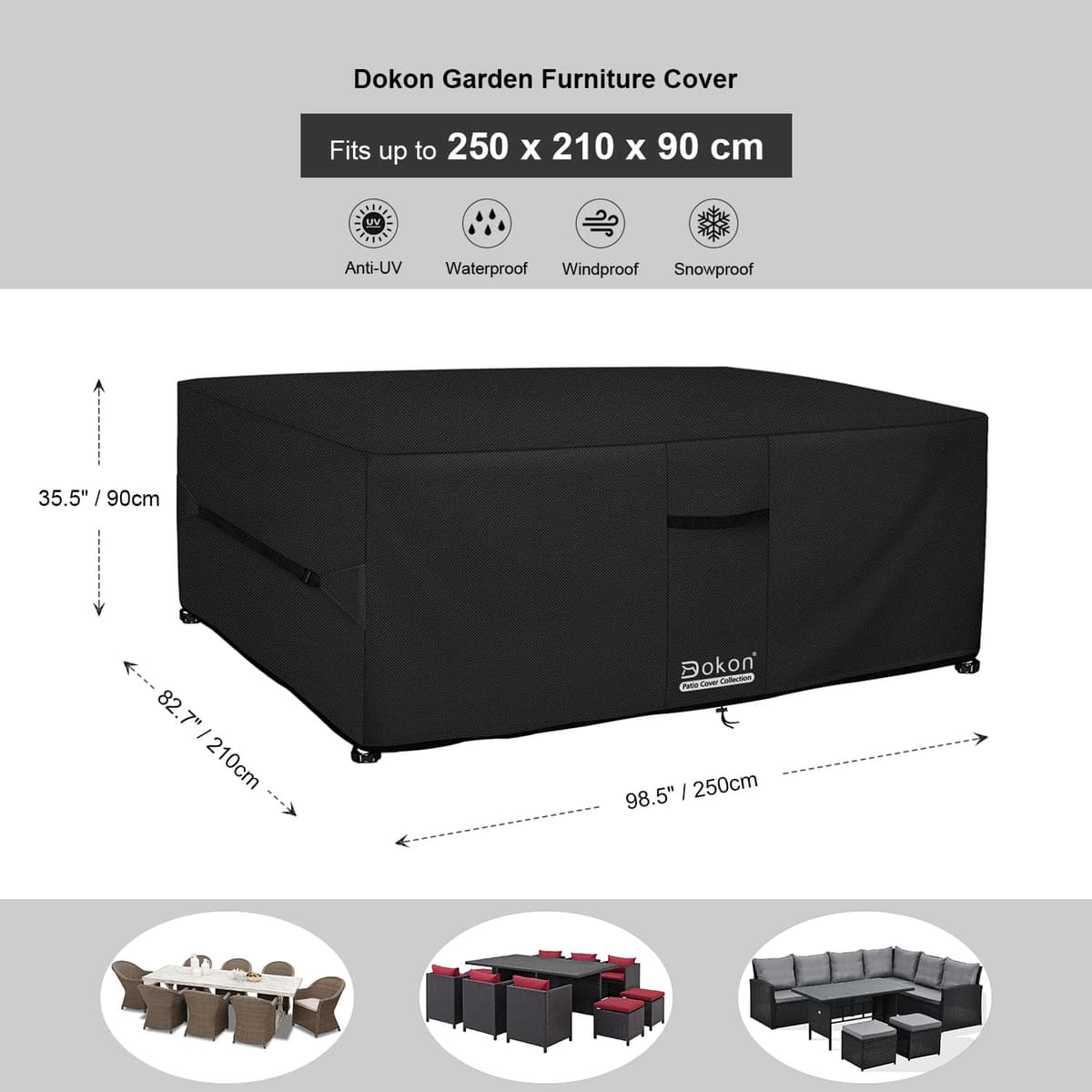 Dokon Garden Furniture Covers Waterproof Heavy Duty Oxford Fabric Patio Table Cover with Air Vents, Windproof Anti-UV Outdoor Rattan Sofa Table and Chair Cover, Rectangular (250x210x90cm) - Black — view 2