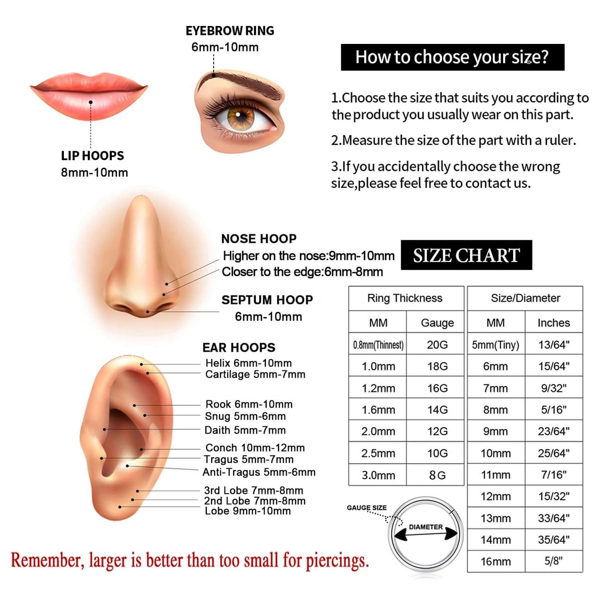 GAGABODY 2 Pcs Nose Rings 20G 18G 16G 14G 12G 10G 8G Surgical Steel Piercing Rings for Nose Septum Cartilage Helix Tragus Conch Rook Daith Lobe from 5mm to 16mm Seamless Hoop Unisex Hinged Earrings — view 8