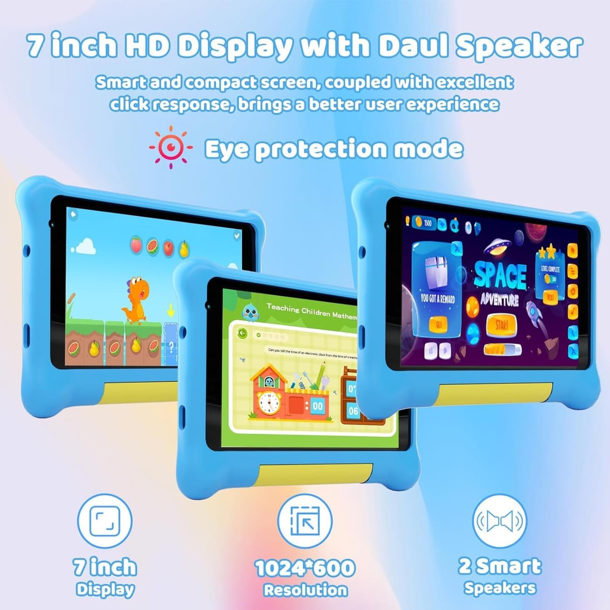 Whitedeer 7 Inch Kids Tablet, Android 13 Tablet for Kids, 5GB+32GB+128GB, Pre-installed kids Apps, 1024x600, 2500mAh, 0.3MP+2MP Dual Camera, WiFi 6, BT5.2, Android Tablet with Shockproof Case(Blue) — view 4