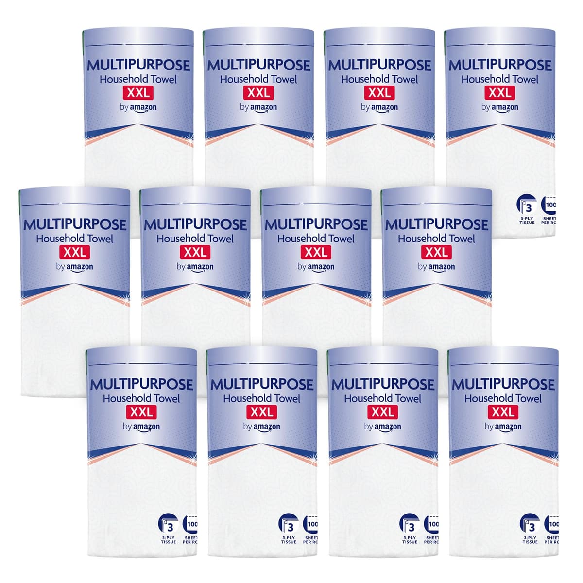 by Amazon Multipurpose Kitchen Roll, 3-Ply, XXL Household Towel, 12 Rolls (Pack of 1), 100 Sheets per Roll, FSC Certified 12 Rolls (Pack of 12)
