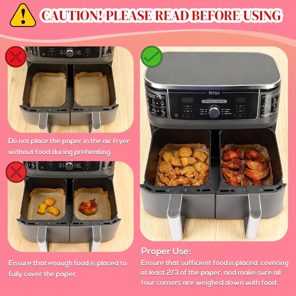 BYKITCHEN 100pcs Air Fryer Liners for Ninja Dual, Air Fryer AF300UK AF400UK Accessories, Disposable Parchment Paper Liner, Compatible with Ninja, Salter, Tower and Other Dual Zone Air Fryer — view 6