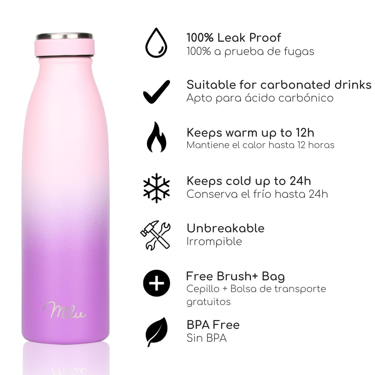 Milu Botella de acero inoxidable de 350ml 500ml 750 ml 1 L 1,5 L botella de agua aislada, termo a prueba de fugas, doble pared, apta para ácido carbónico + cepillo de limpieza (Azul Violeta, 350ml) — view 202
