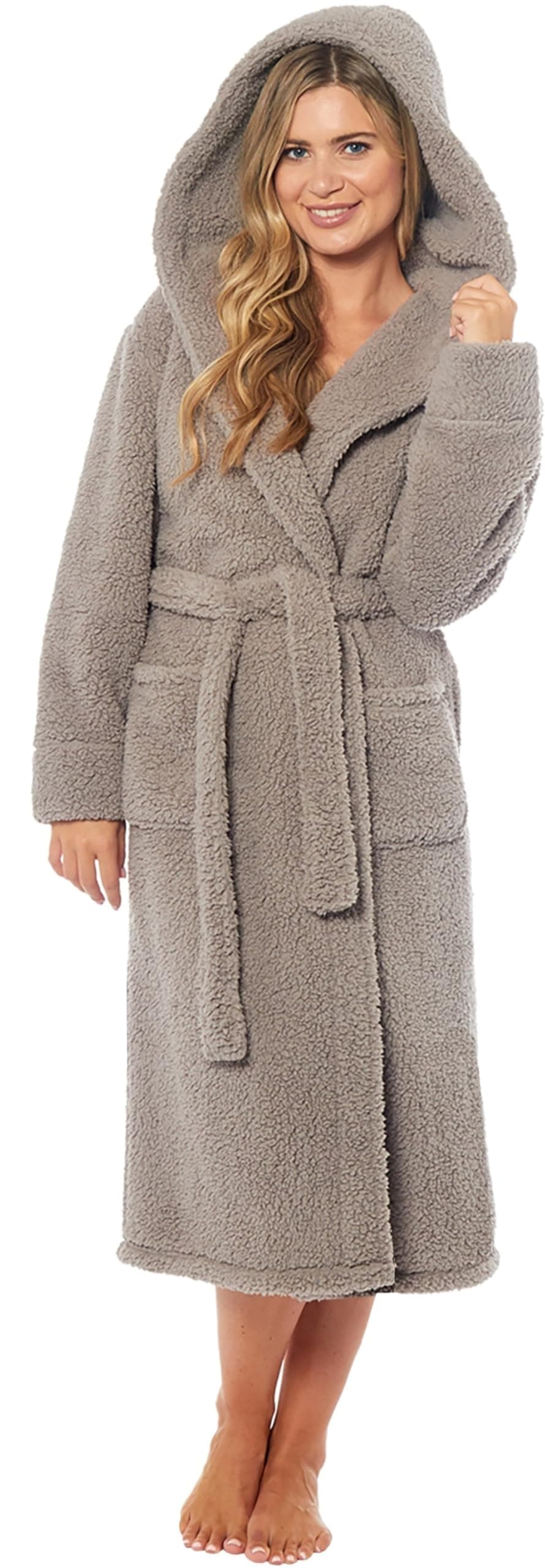 KATE MORGAN Ladies Dressing Gown Fluffy Super Soft Hooded Bathrobe for Women Plush Fleece Perfect Loungewear Long Robe | Gifts for Women — view 26