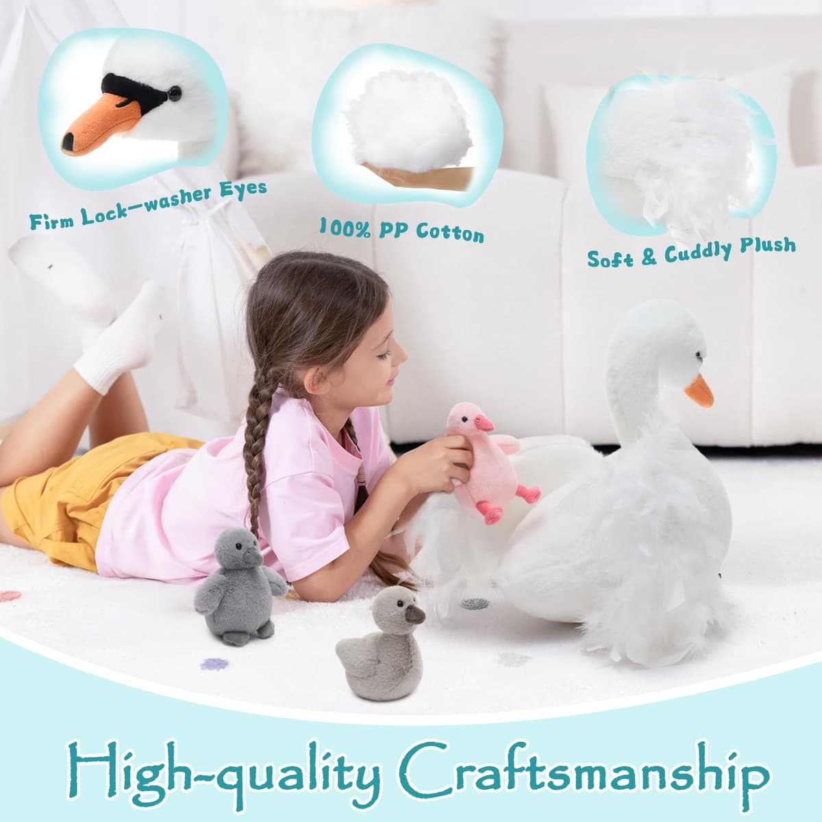 MorisMos Big Swan Teddy Soft Toy, 40cm Cuddly Fluffy Mommy with 3 Babies Inside, Plush Stuffed Animal Teddy Gift for Kids Birthday Deco — view 3