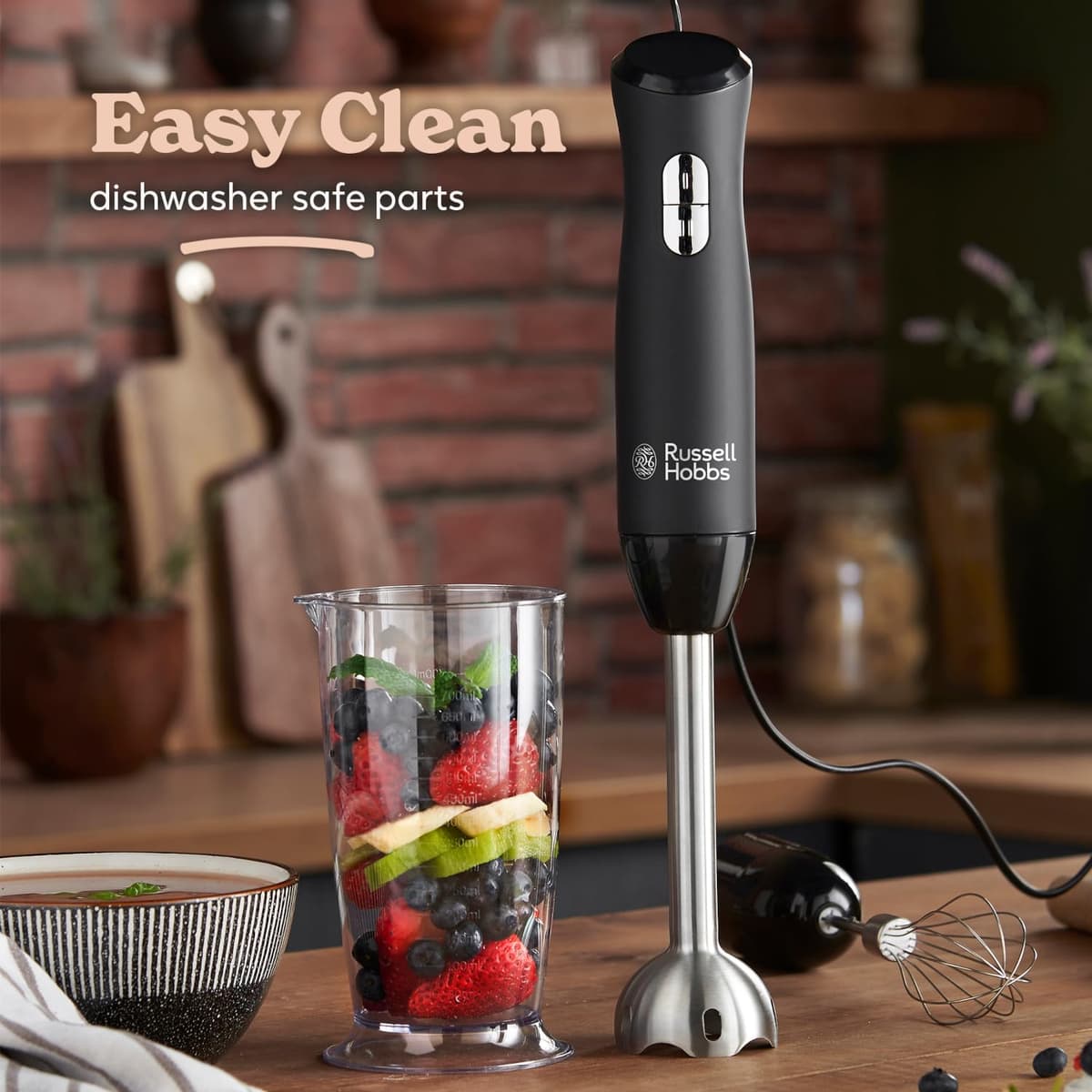 Russell Hobbs Desire 3 in 1 Electric Hand Blender, Fruit & Veg Mini Chopper & Whisk attachment, Stainless steel blending leg, whisk & blades, 500ml capacity chopping bowl & 700ml beaker, 500W, 24702 — view 2
