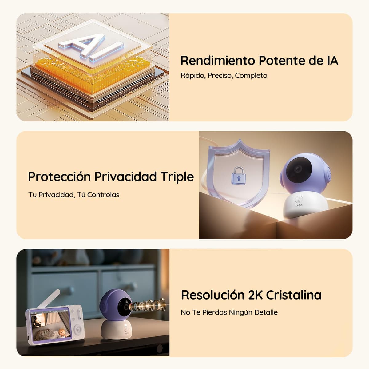 BOIFUN 2026 Cámara Vigilancia Bebé 2K (3MP) con WiFi y App Móvil, Visión Nocturna sin Luz, Vigilabebés con Pantalla de 5”, Cámara 360°, Detección de Movimiento y Llanto, Audio Bidireccional, Zoom 4X — view 2