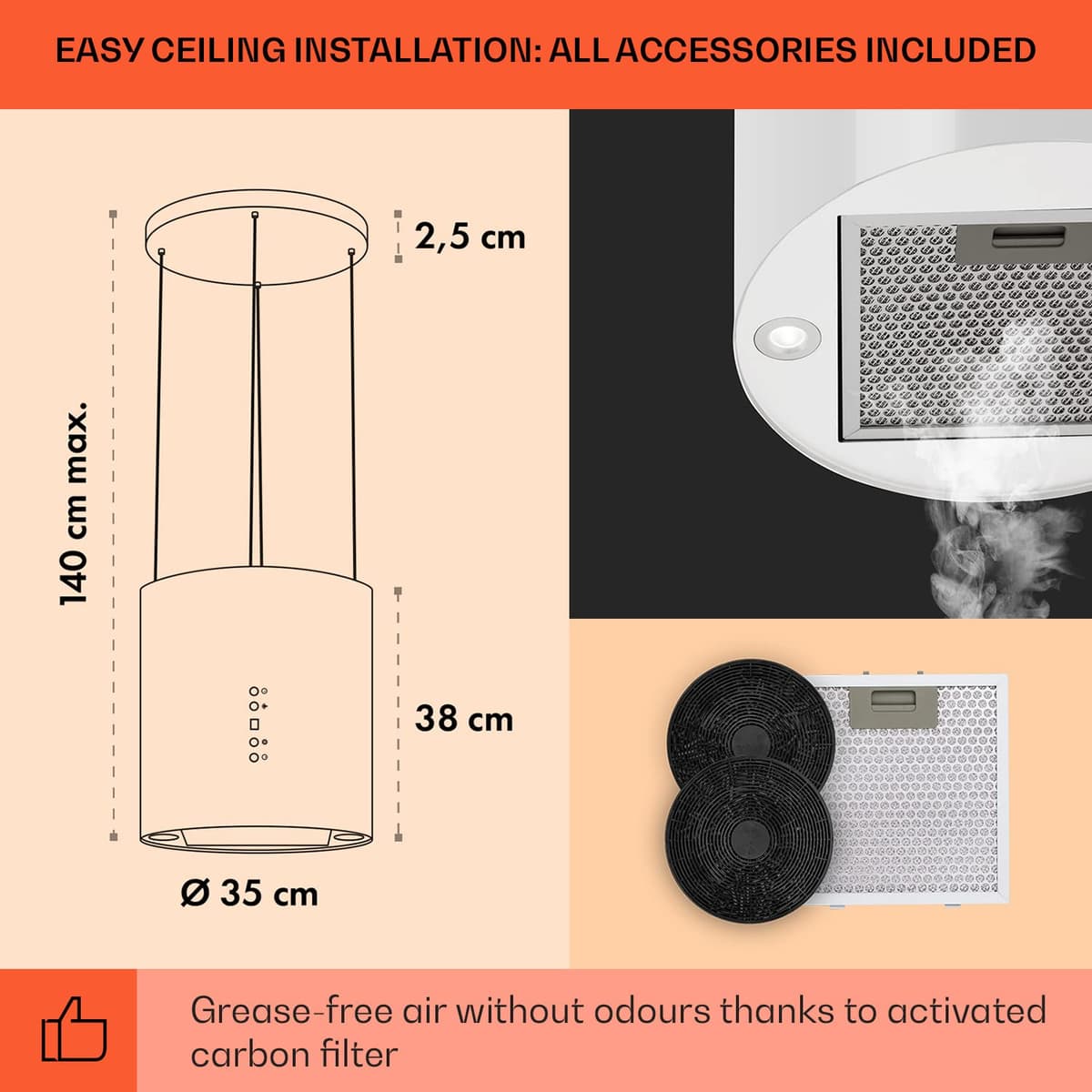 Klarstein Hanging Island Cooker Hood, Extractor Fan for Kitchen Islands, 558m³/h Airflow, Timer, Adjustable Kitchen Extractor Fan w/Chandelier Design, 3 Mode Cooker Hoods, Activated Carbon Filters — view 5