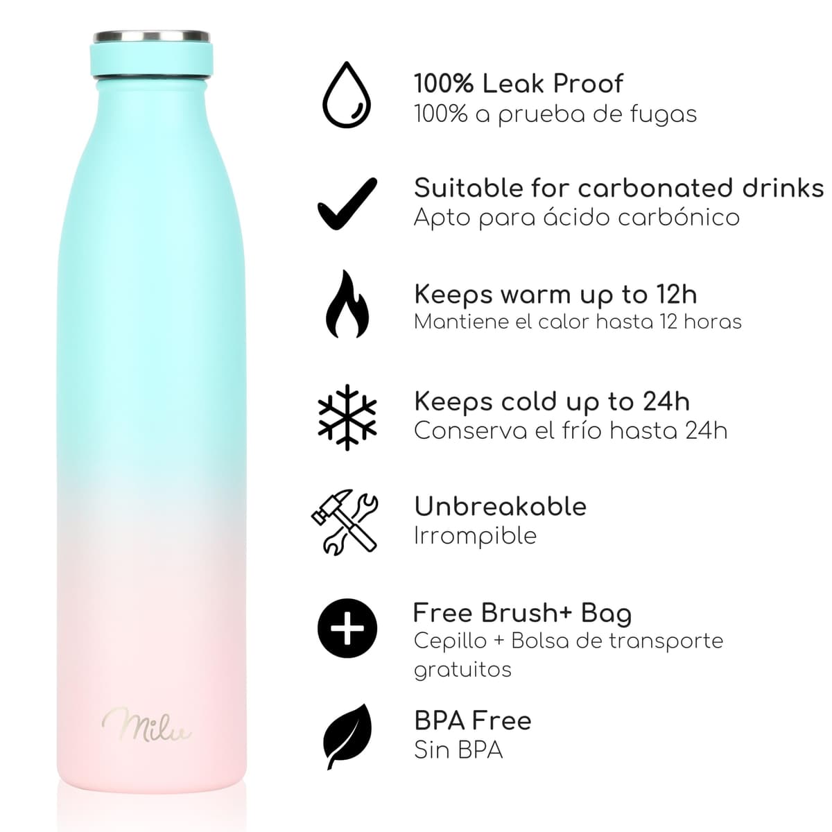 Milu Botella de acero inoxidable de 350ml 500ml 750 ml 1 L 1,5 L botella de agua aislada, termo a prueba de fugas, doble pared, apta para ácido carbónico + cepillo de limpieza (Azul Violeta, 350ml) — view 18