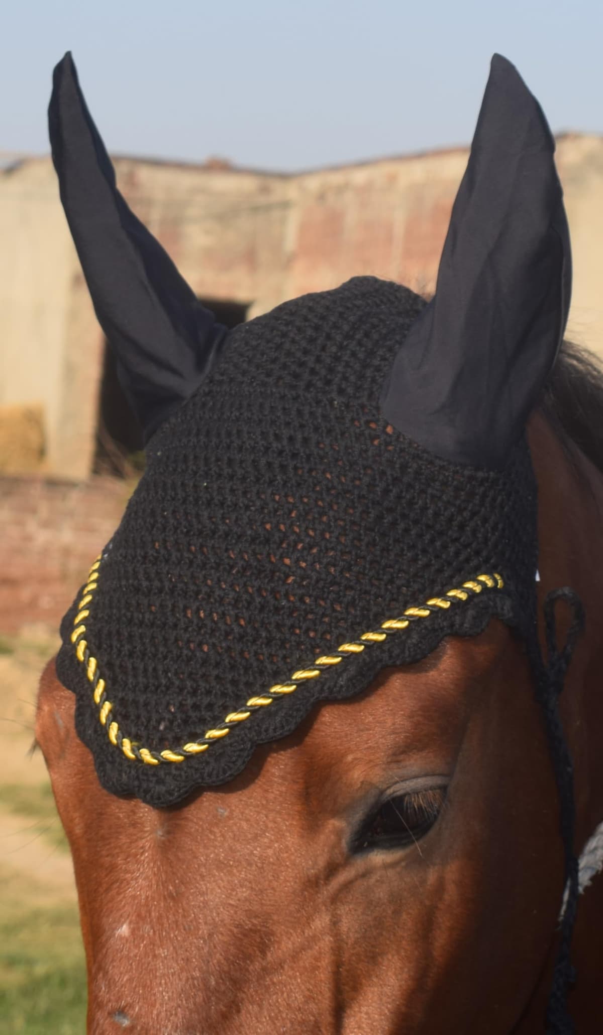 ZAINEE HORSE FLY VEIL EAR BONNET NET BREATHABLE COTTON HAT EQUESTRIAN (Pony, Black) — view 5