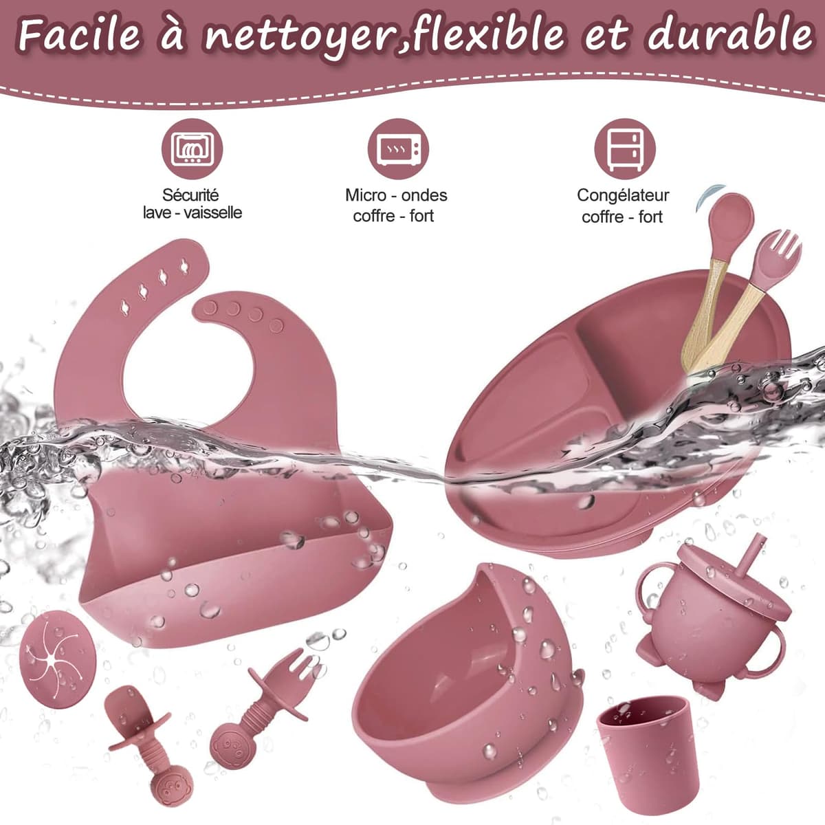 Juegos de Vajilla Bebe,Juego de 12 Piezas Platos Bebe con Ventosa, Cubiertos Bebe,Baby Led Weaning,Cubiertos Infantiles,Cuchara Bebe,Babero Silicona Bebe,Plato de Silicón Antideslizante Sin BPA — view 3