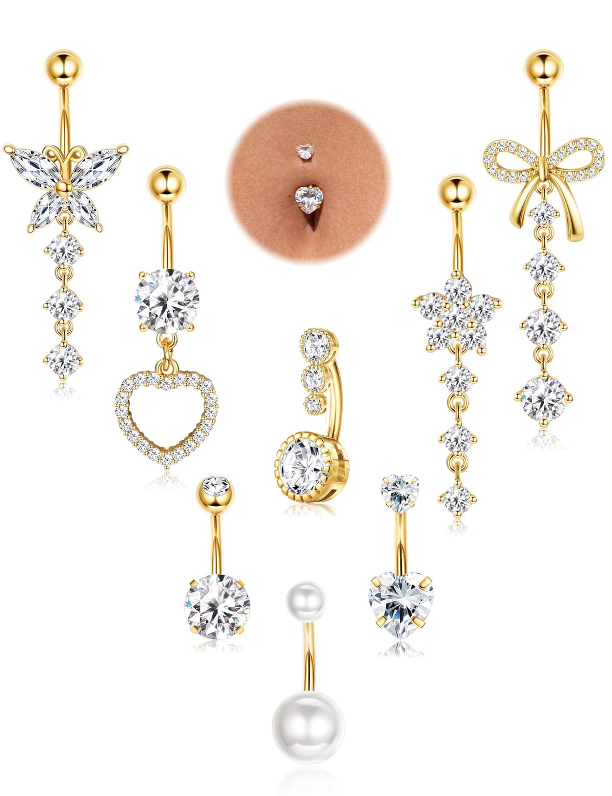 JeryWe 8Piezas Piercing Ombligo Acero Quirurgico Kit Piercing Nombril Hipoalergénicos Anillo Ombligo Colgante Acero Inoxidable 14G Cubic Zirconia Set Piercings Oro/Plata
