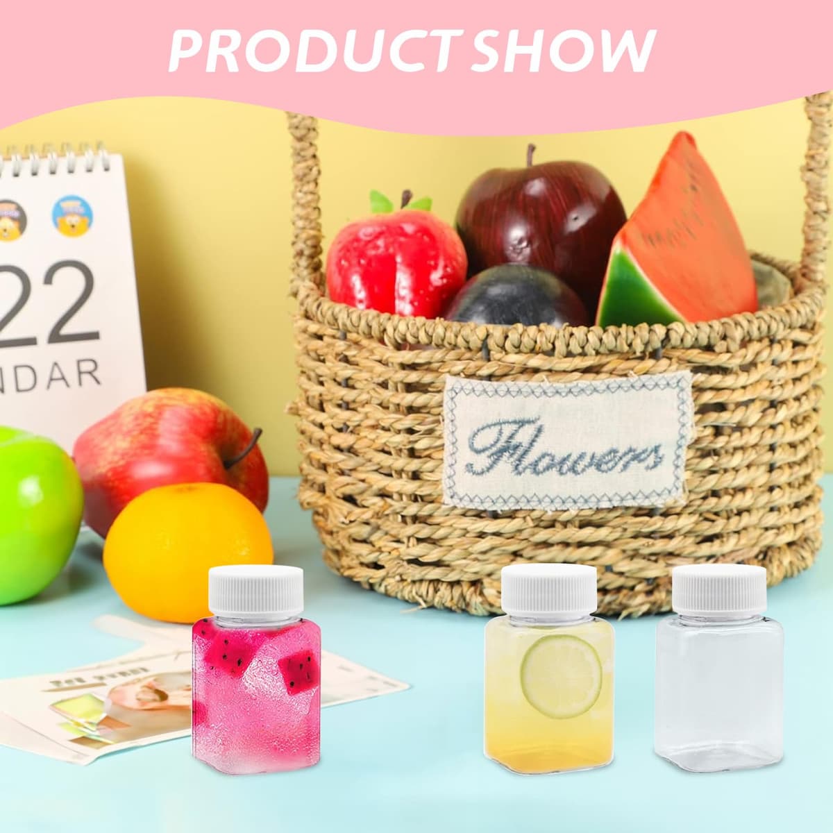 16 Piezas Botellas de Jugo Reutilizables 100ML, Mini Botella de Plástico Cuadrado Transparente y Pegatinas, Botellas de Plástico con Tapa para Guardar Zumo Batidos Bebidas — view 6