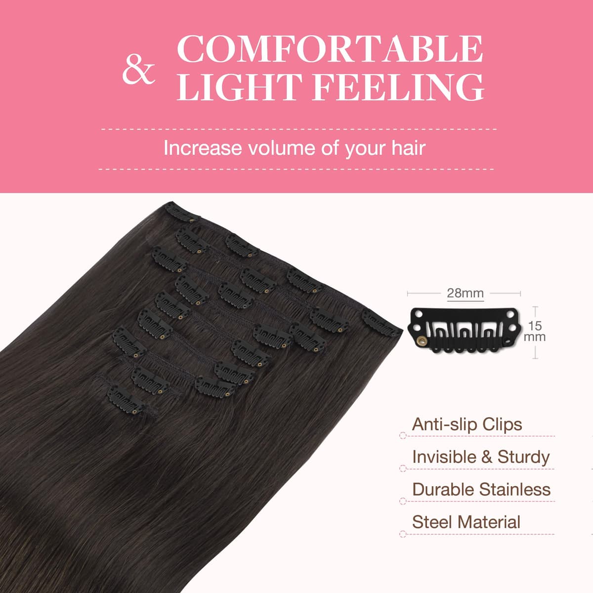 GOO GOO Clip in Hair Extensions Human Hair, 18inch 150g 9Pcs, #2 Dark Brown, Hair extensions for women, Human Hair Extensions Clip in — view 6