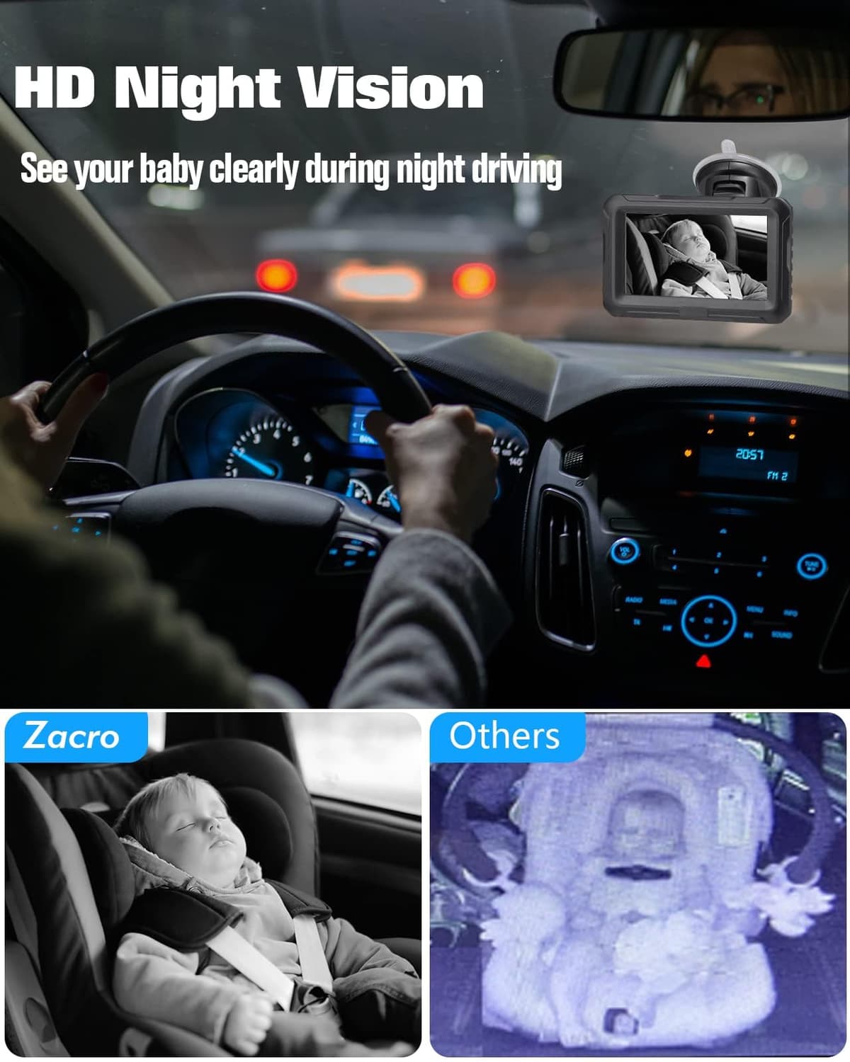 Zacro Baby Car Camera HD 1080P - Baby Car Mirror 4.3'' Display for Rear Seat with Night Vision Function, Wide View Angle, Reusable Sucker Bracket, Black — view 2