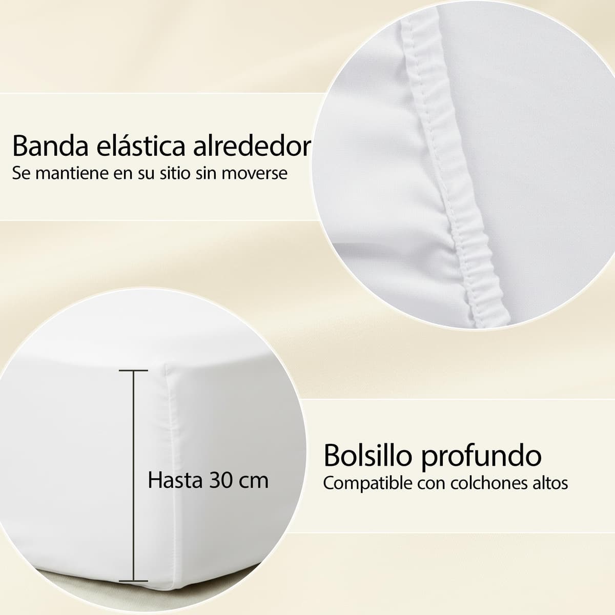 H HANSEL HOME Sábana Bajera Ajustable, Microfibra Transpirable y Suave, Altura 30 cm, Elástico 360° - Sábana Bajera 135x190/200cm – Blanco — view 4