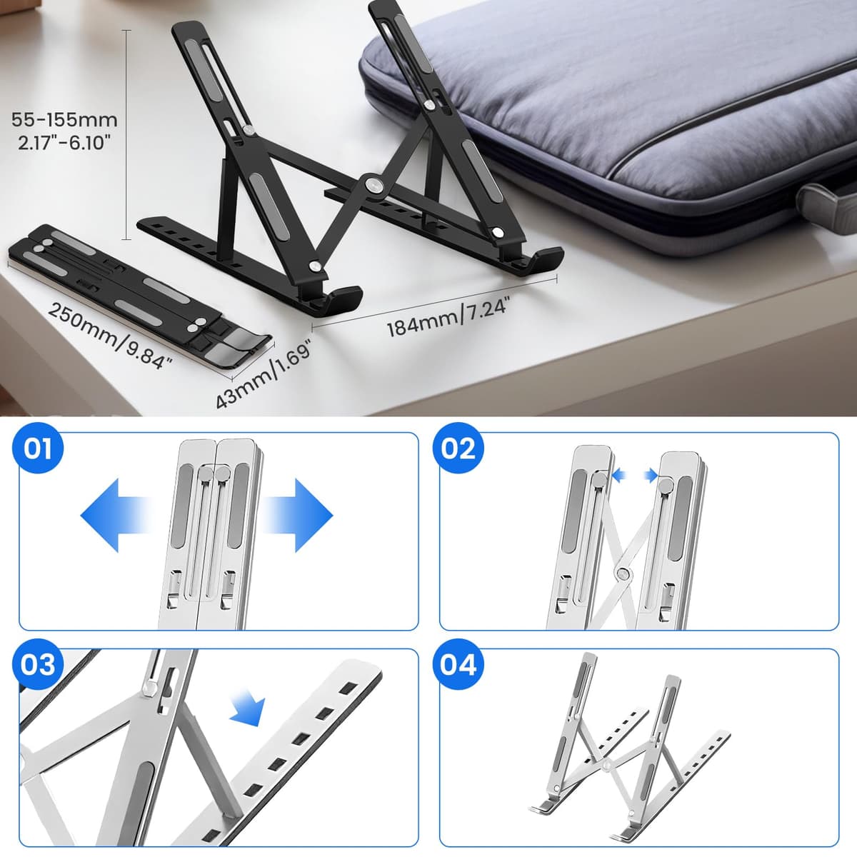 GrandMil Adjustable Laptop Stand for Desk – Foldable & Portable ABS+Silicone Riser, Ventilated Cooling Holder for 10-17.3” Laptops & Tablets (Black)