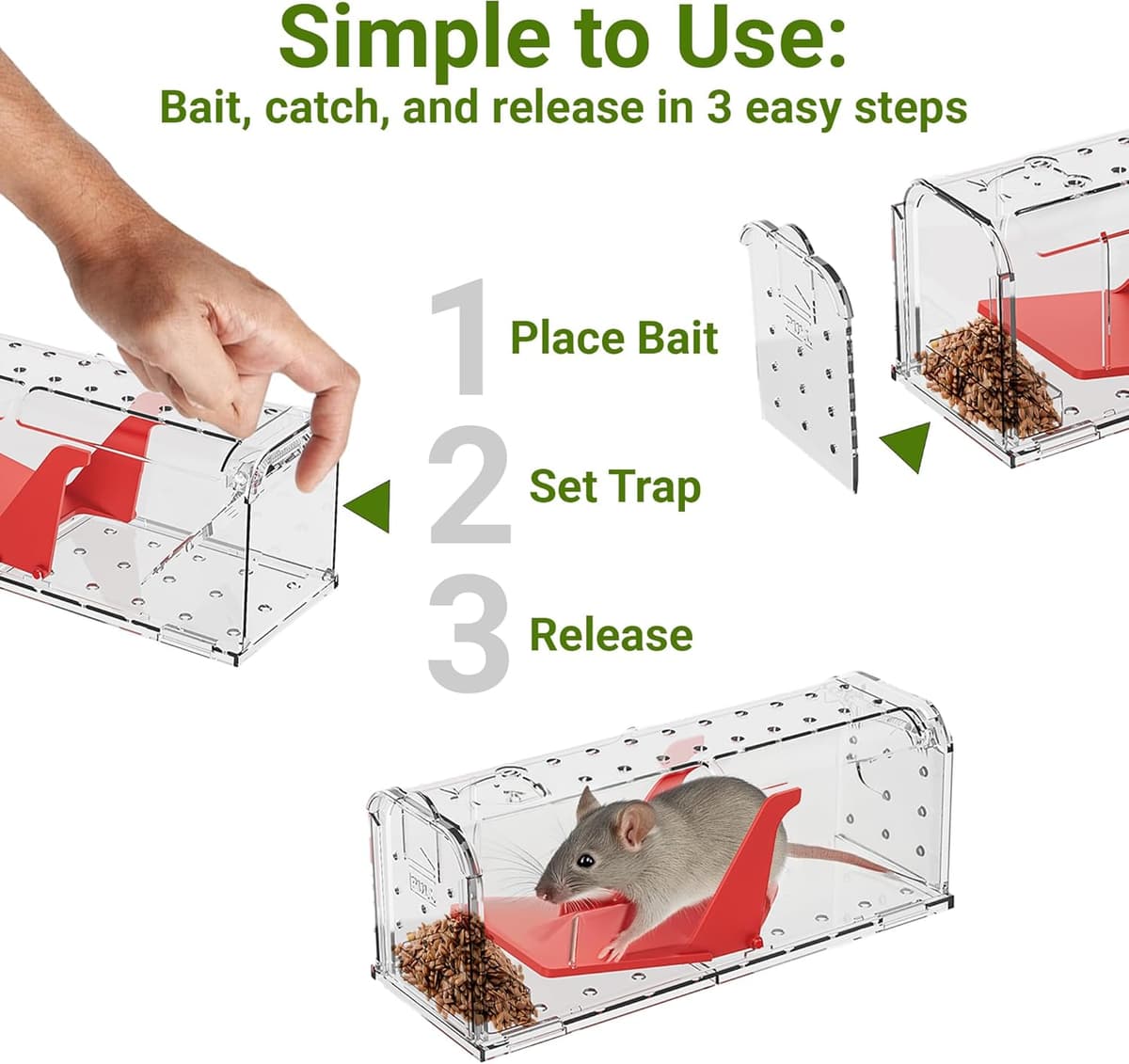 ROSHIELD 2 X Humane MOUSE Traps for Indoors and Outdoors, Duty Pest Trap for Catch Alive. Pets and Children Friendly. Reusable Rodent Mice Trap. Quick, Effective and Highly Sensitive Catcher — view 3