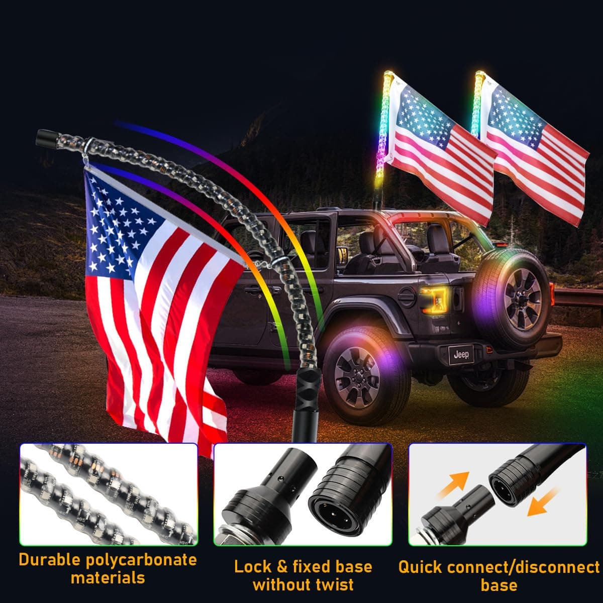 2 Pack 3FT Whip Lights, LED Whip Light with App & Remote Control, Spiral RGB Chasing Lighted Antenna Whips, Whip Light for UTV ATV RZR SXS Can-Am Dune Buggy Offroad Truck (3FT) — view 4