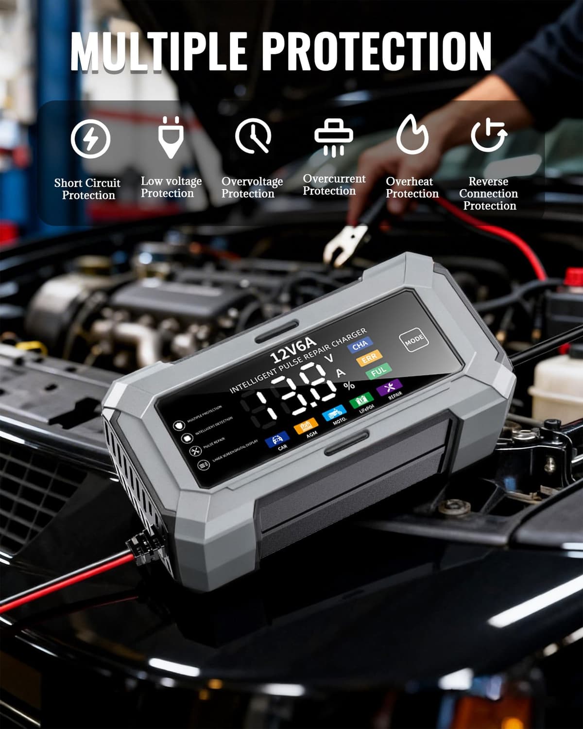 Car Battery Charger & Trickle Charger for Car Battery with Pulse Repair & Digital Display, Compatible with CAR AGM MOTO LiFePO4 Batteries — view 5
