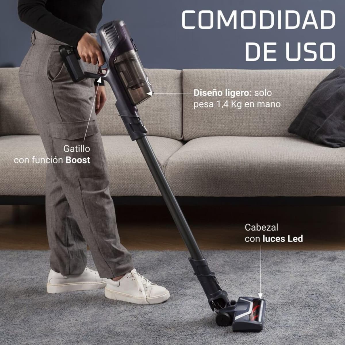 Rowenta XPert 6.60 - Aspiradora escoba versátil sin cable, con 3 funciones en 1 multiespacios, batería de litio, 2 velocidades, gatillo Boost, ligero y portatil, Lila RH6838 — view 2