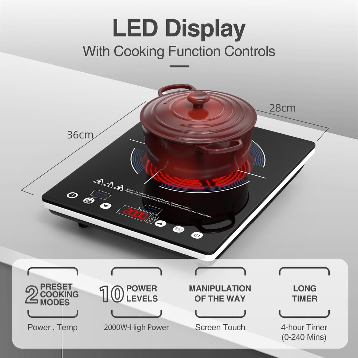 VBGK Portable Ceramic Hob 2000W, Pulg in Electric Ceramic Hob, Single Electric Hob with 4-Hour Timer, 10 Power Levels, Safety Lock & Sensor Touch, Residual heat Remind, 220V-240V — view 2
