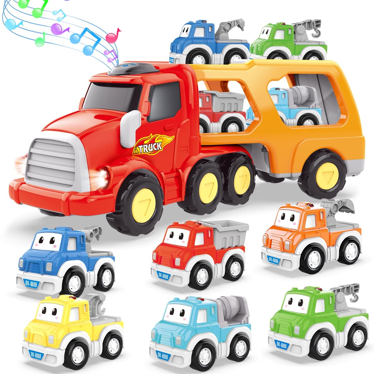 Camión de Juguetes - 7 en 1 Transportador Coches con Luces y Sonidos - Regalo para Niños 1-4 Años