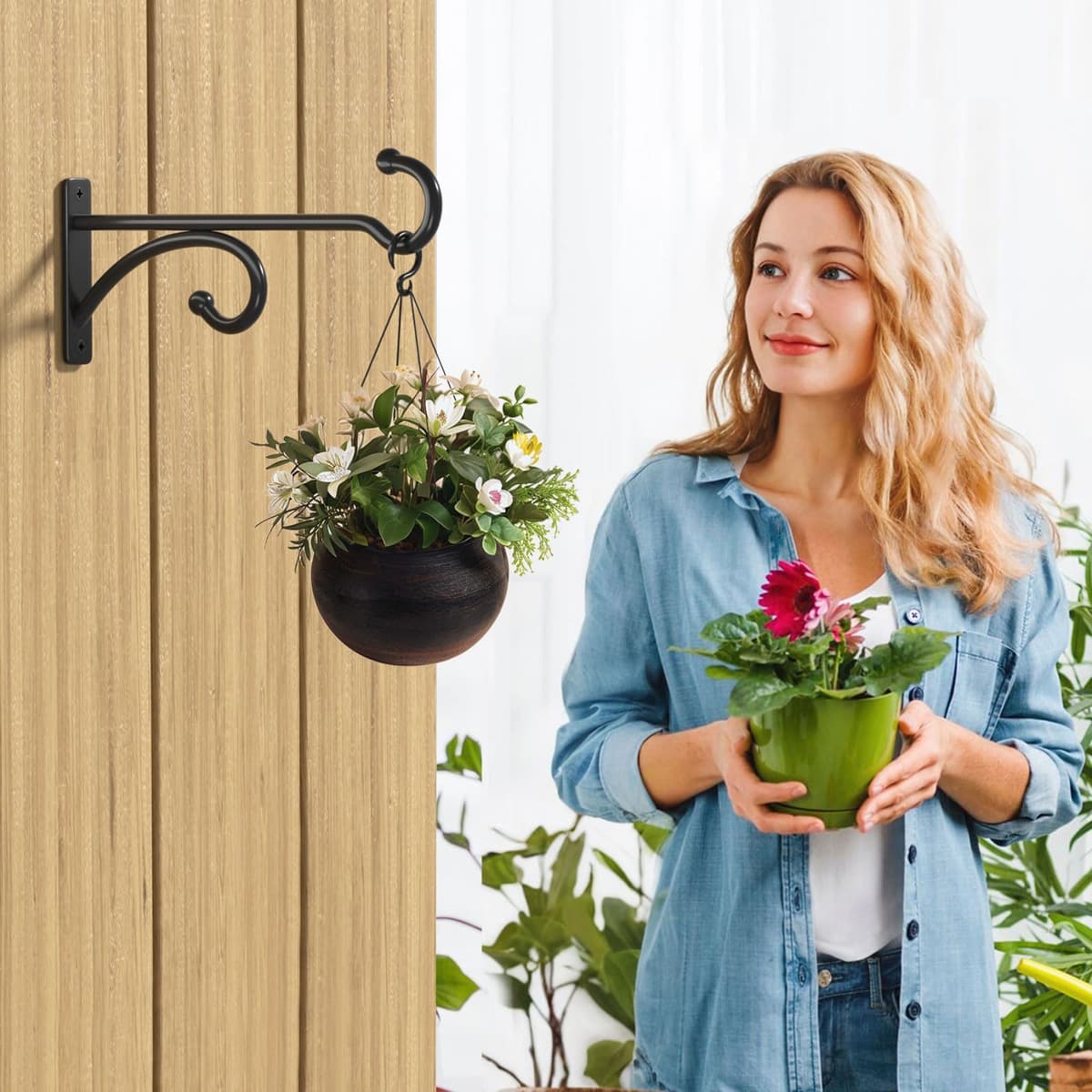 Pickpiff 2 Pcs 8-Inch Planter Hooks - Hanging Plant Hooks, Indoor/Outdoor, Wall Mounts for Plants, Baskets, Wind Chimes, Bird Feeders (Black Metal) — view 5