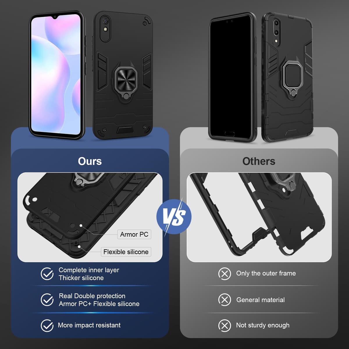 Funda para CMF Phone 2 Pro, Carcasa Antigolpes con Soporte anular metálico, Case Protectora de Grado Militar, Negro — view 673