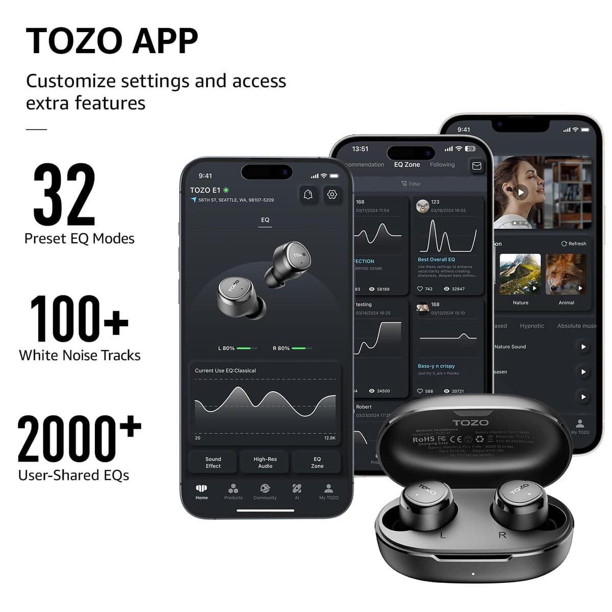 TOZO E1 Wireless Bluetooth 5.3 Headphones with ENC Calls Ultralight EQs Adjustment 30H Playback USB Type C IPX6 Black — view 4