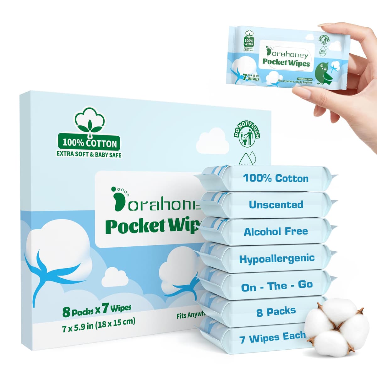 Mini Travel Wet Wipes, 100% Cotton Sensitive Pocket Size Wipes, 99% Water, Unscented, Hypoallergenic for Adults, Kids and Baby Care, Small Pack Hand & Face Wipes, 8 Pack (56 Wipes Total)