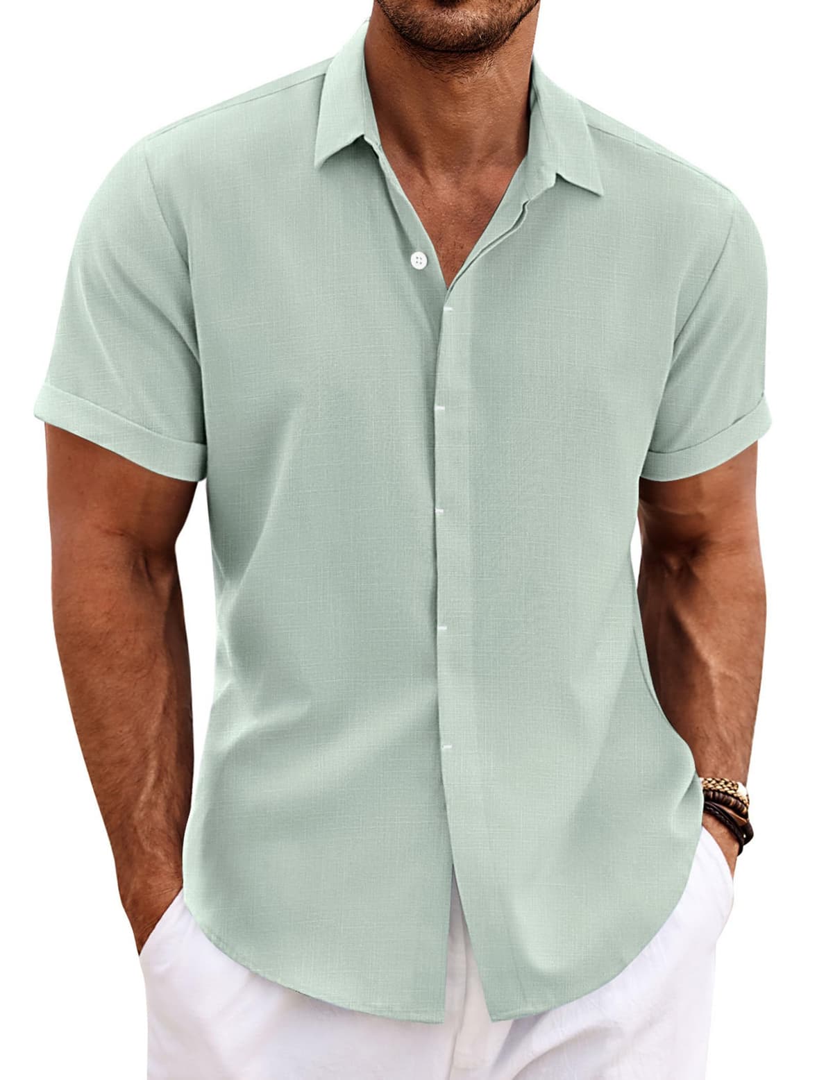 COOFANDY Men's Linen Shirts Short Sleeve Casual Shirts Button Down Shirt for Men Beach Summer Wedding Shirt — view 21