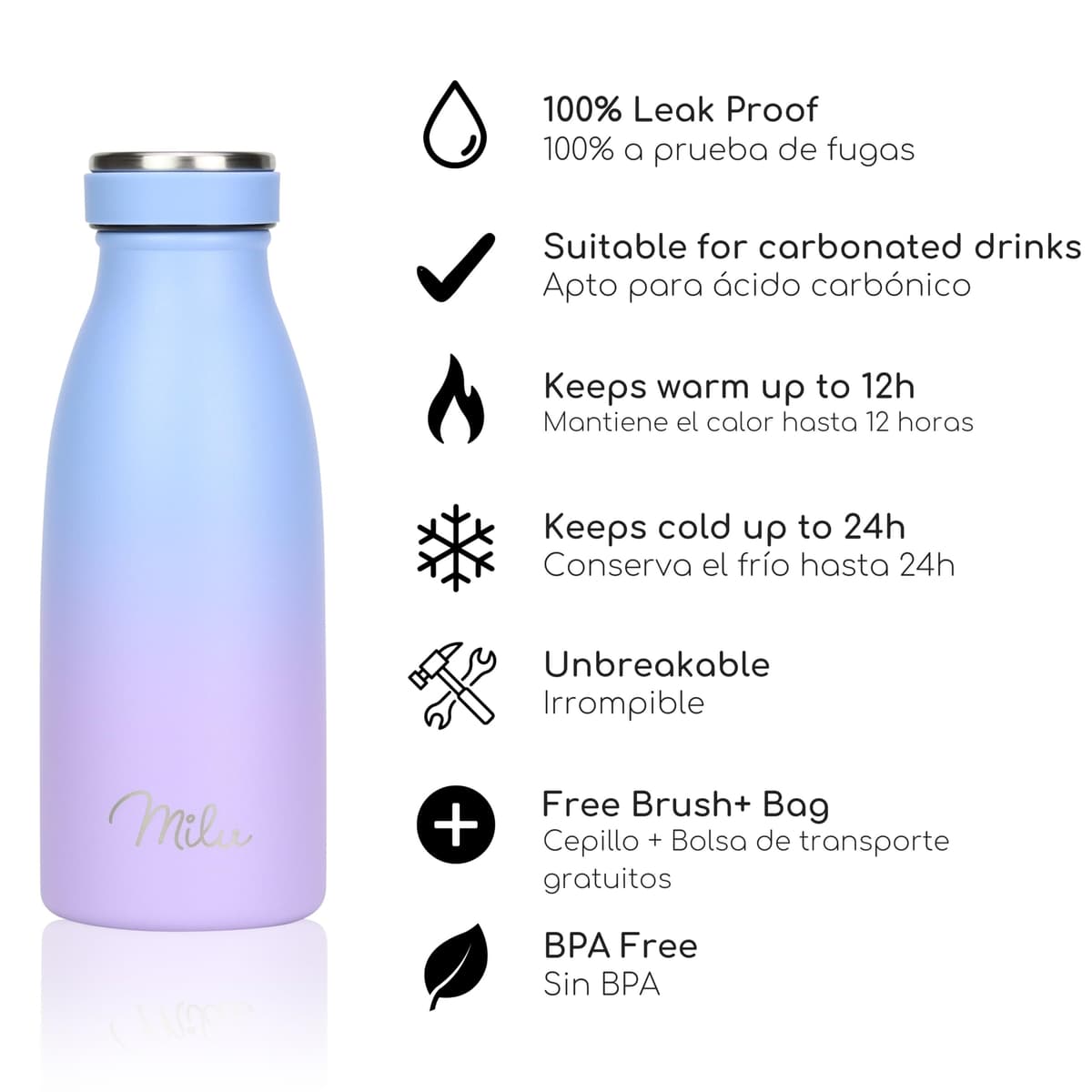 Milu Botella de acero inoxidable de 350ml 500ml 750 ml 1 L 1,5 L botella de agua aislada, termo a prueba de fugas, doble pared, apta para ácido carbónico + cepillo de limpieza (Azul Violeta, 350ml) — view 2