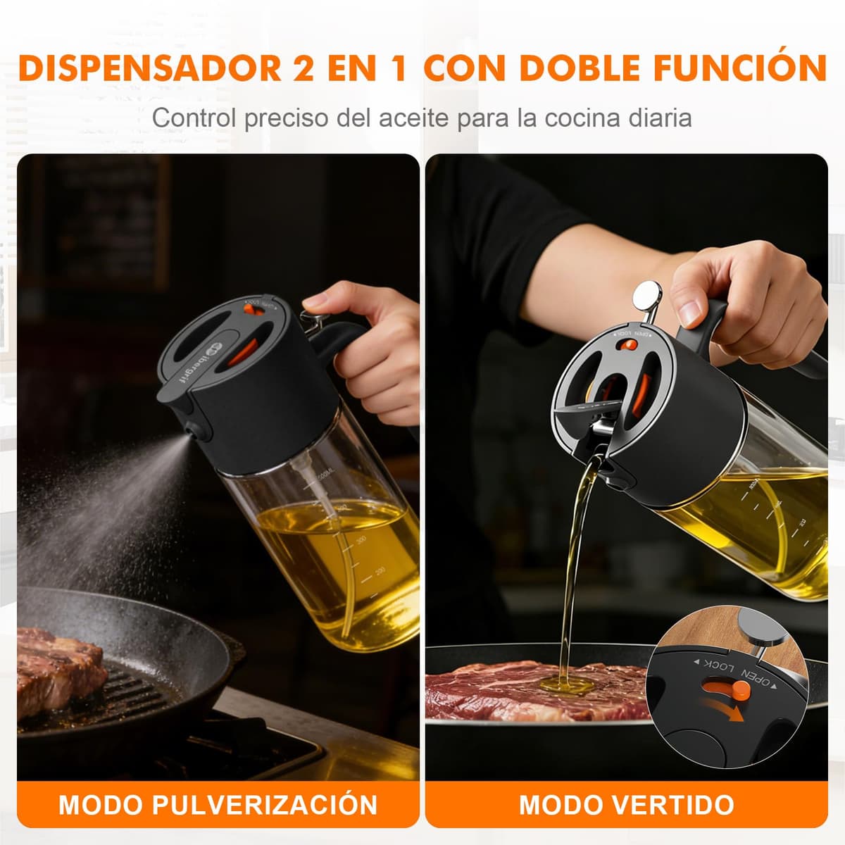Ibergrif 2 en 1 Pulverizador de aceite 500ml – Rociador de aceite con Escala, Altura 202mm, Aceitera spray de Vidrio de borosilicato, Antigoteo para Freidora de aire, Barbacoa, Ensaladas, Negro, M530B — view 3