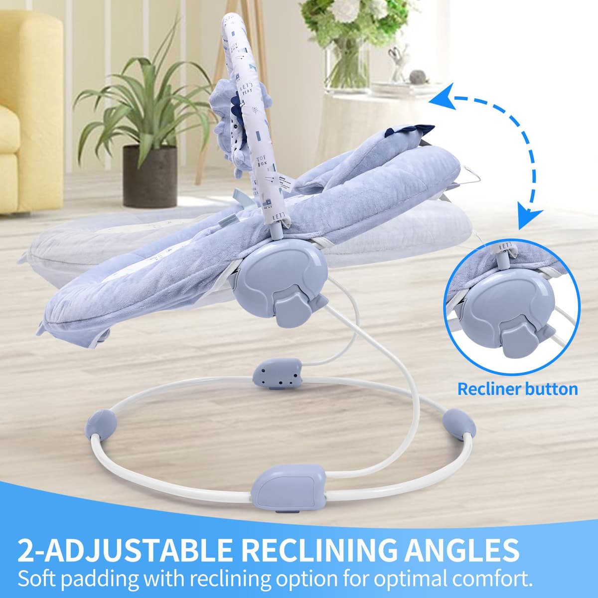 LADIDA Soft Light Blue Baby Bouncer, Soothing Vibrations and Music, Removable Toy Bar with 3 Toys Suitable for Newborns — view 3