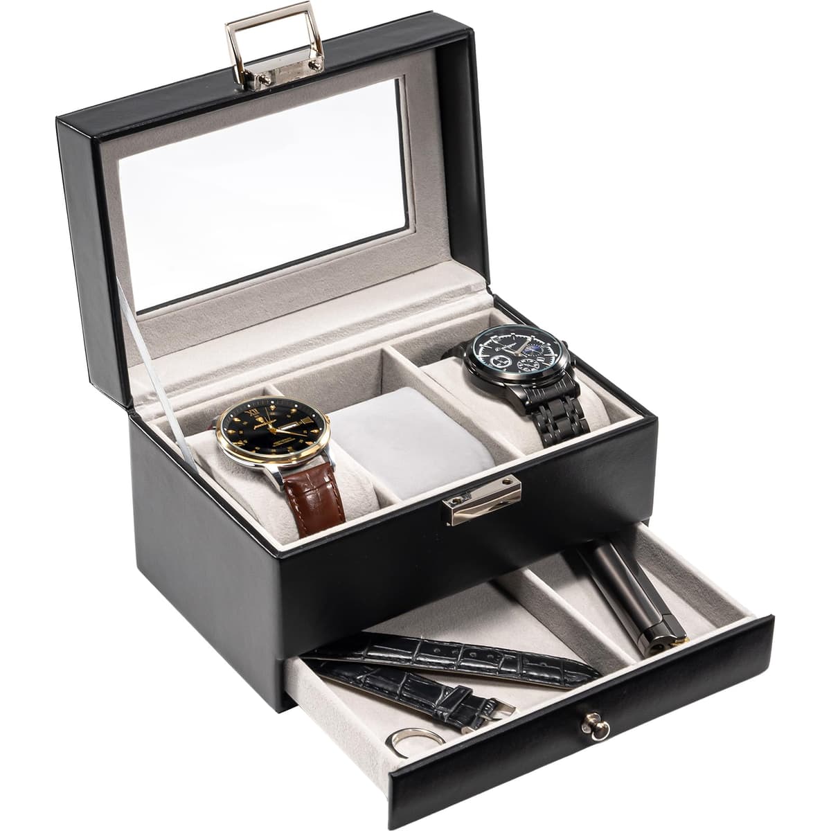 ProCase Caja de Relojes de 6 Ranuras con Cajón, Funda Organizadora de Reloj de 2 capas con Tapa de Cristal, Estuche de Almacenamiento para Hombres y Mujeres -Negro — view 12