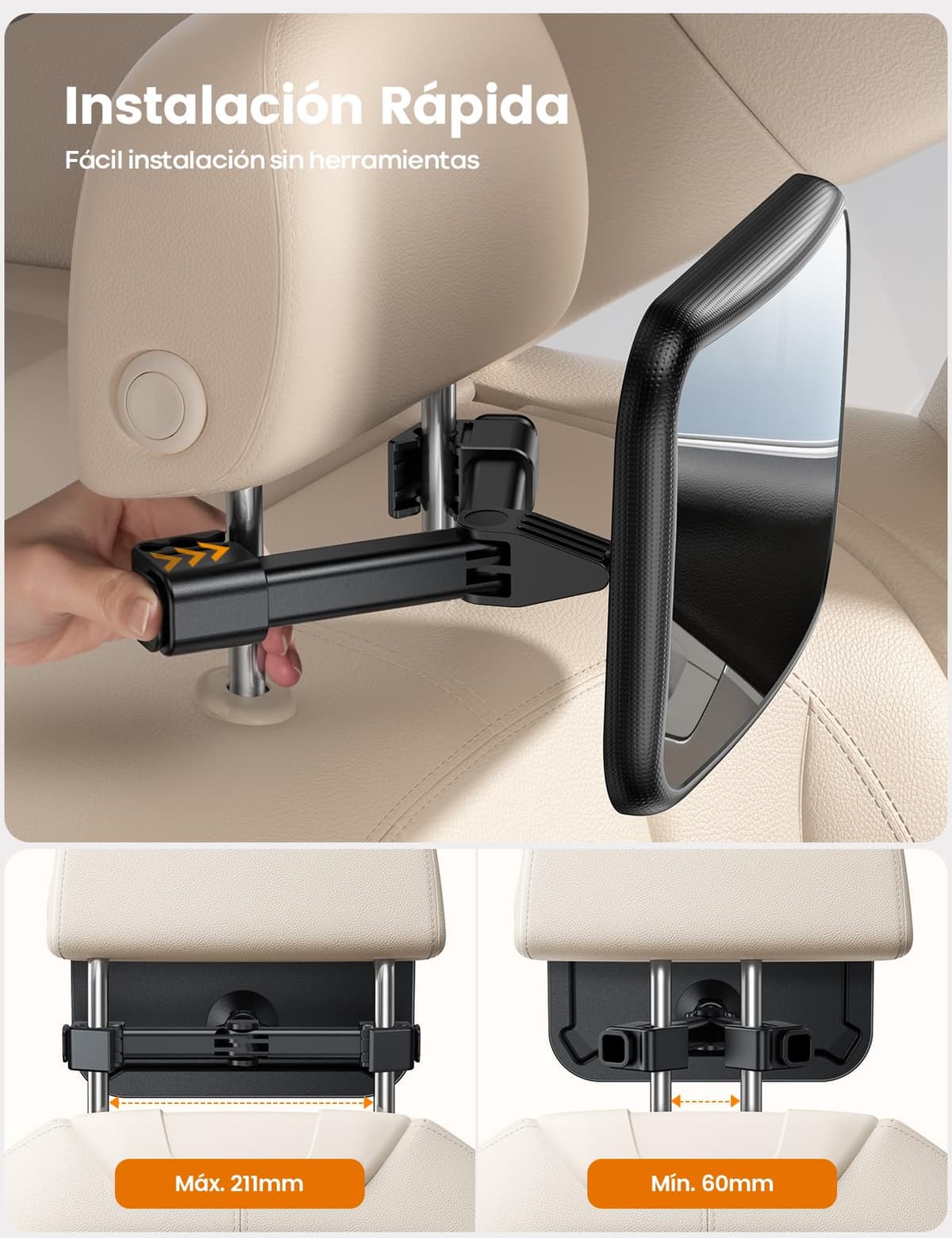 Lamicall Espejo retrovisor para niños – [2025 gancho triangular] 100% irrompible, rotación 360° y 45° inclinable, con 175° visión clara, espejo coche bebé asiento trasero súper estable — view 5