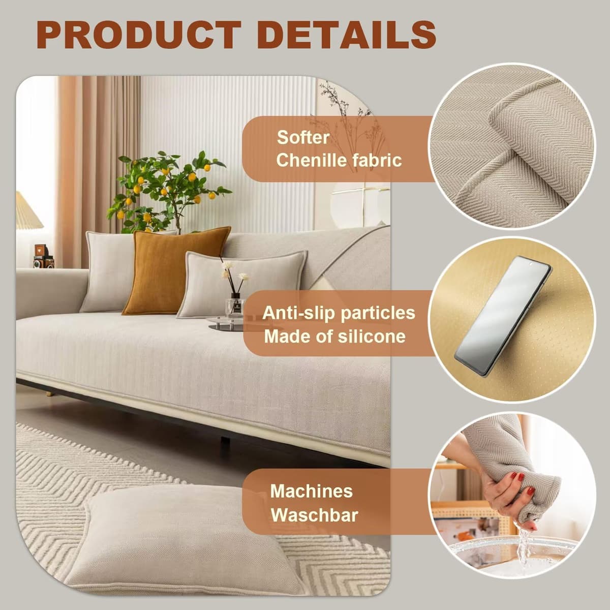 L Shape Couch Protector, Universal Non-Slip Furniture Cover, Dog Sofa Cover - Milk Tea Colored Chenille Fabric, 90 * 240CM — view 3