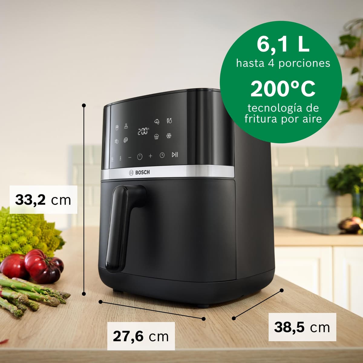 Bosch - Freidora de aire Serie 4 XL, capacidad de 6,1 L, 7 programas. Cocinado más rápido, Negro, MAF462B0, Air Fryer — view 2